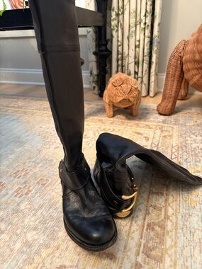 Bird by Juicy Couture Black Over-the-Knee Leather Boots with Gold Buckle
